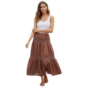 Apostrophe Boho Maxi Skirt Tiered Crochet Lined Cotton Mocha Brown M Pull On